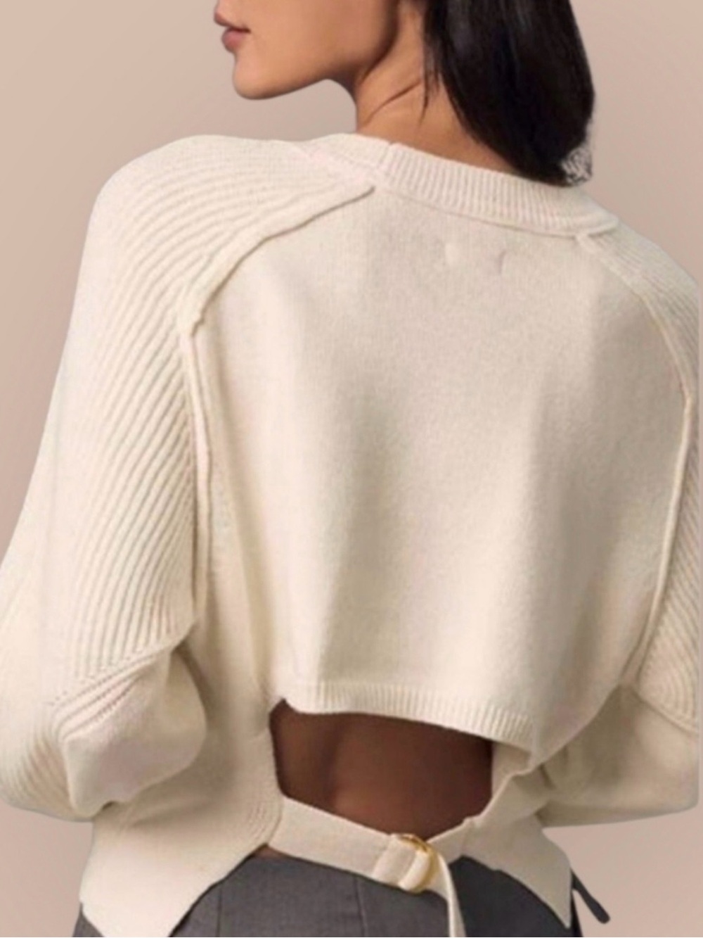 Pilcro by Anthropologie Cream Open-Back Crewneck Sweater with Buckle Detail